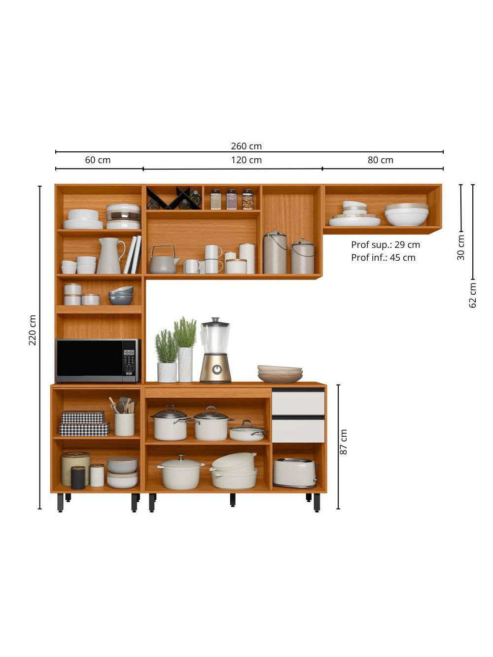 Cozinha Modulada Ravena 4 Peças 8 Portas com Paneleiro Duplo Poliman Móveis - Freijo UV/Off Acetinado