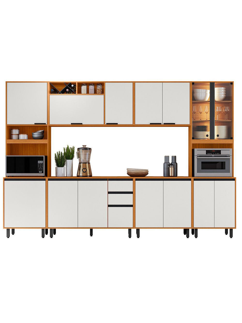 Cozinha Modulada Ravena 6 Peças 15 Portas com Paneleiro Duplo e Cristaleira Poliman Móveis - Freijo UV/Off Acetinado
