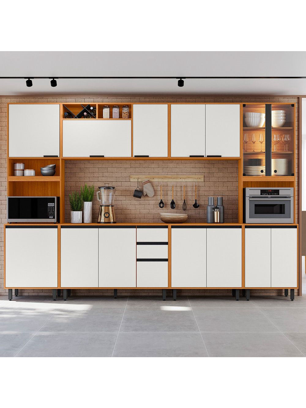 Cozinha Modulada Ravena 6 Peças 15 Portas com Paneleiro Duplo e Cristaleira Poliman Móveis - Freijo UV/Off Acetinado