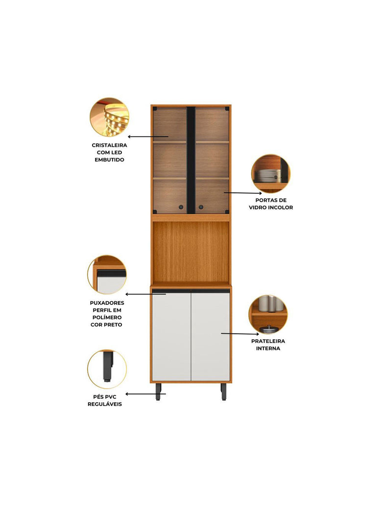 Cozinha Modulada Ravena 6 Peças 15 Portas com Paneleiro Duplo e Cristaleira Poliman Móveis