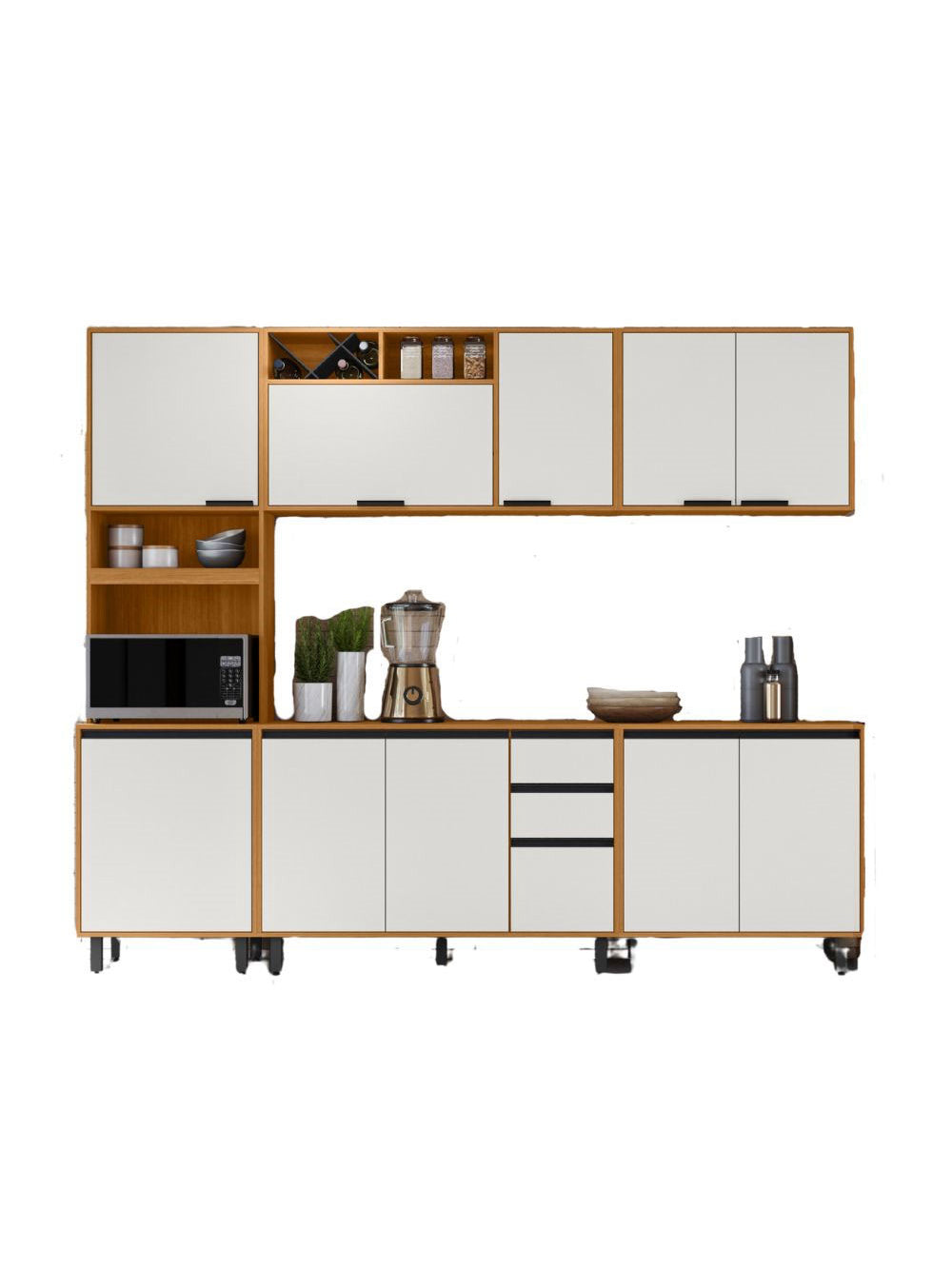 Cozinha Modulada Ravena 5 peças 11 Portas com Paneleiro Duplo Poliman Móveis - Freijo UV/Off Acetinado
