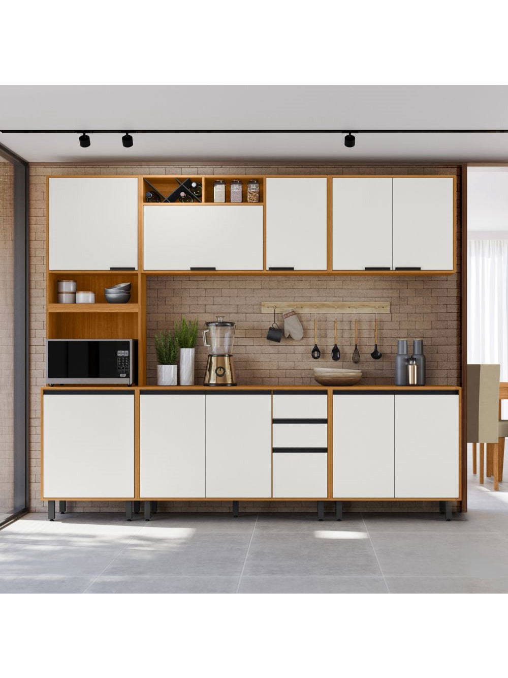 Cozinha Modulada Ravena 5 peças 11 Portas com Paneleiro Duplo Poliman Móveis - Freijo UV/Off Acetinado