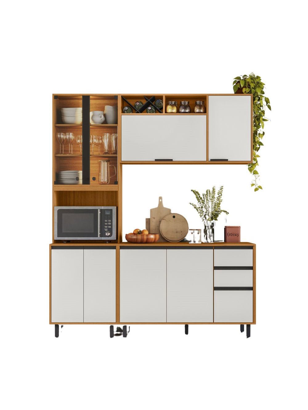 Cozinha Modulada Ravena 3 Peças 9 Portas com Cristaleira Poliman Móveis - Freijo UV/Off Acetinado