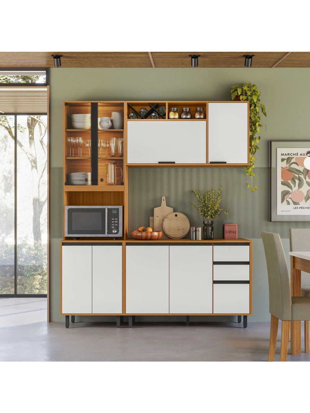 Cozinha Modulada Ravena 3 Peças 9 Portas com Cristaleira Poliman Móveis - Freijo UV/Off Acetinado