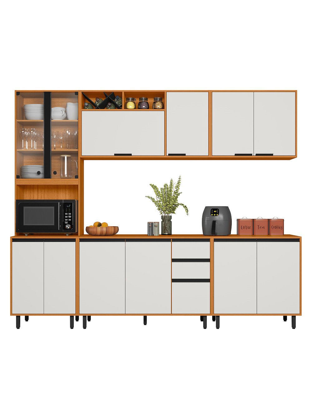 Cozinha Modulada Ravena 5 peças 11 Portas com Cristaleira Poliman Móveis - Freijo UV/Off Acetinado