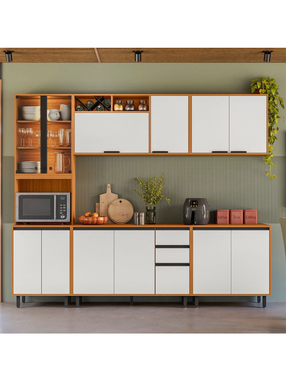 Cozinha Modulada Ravena 5 peças 11 Portas com Cristaleira Poliman Móveis - Freijo UV/Off Acetinado