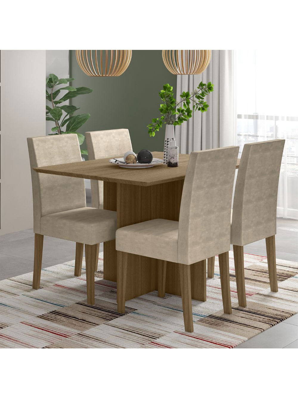 Conjunto Sala de Jantar Retangular Mesa Helo 120cm e 04 Cadeiras Josi Poliman Móveis - Carvalho/Bege