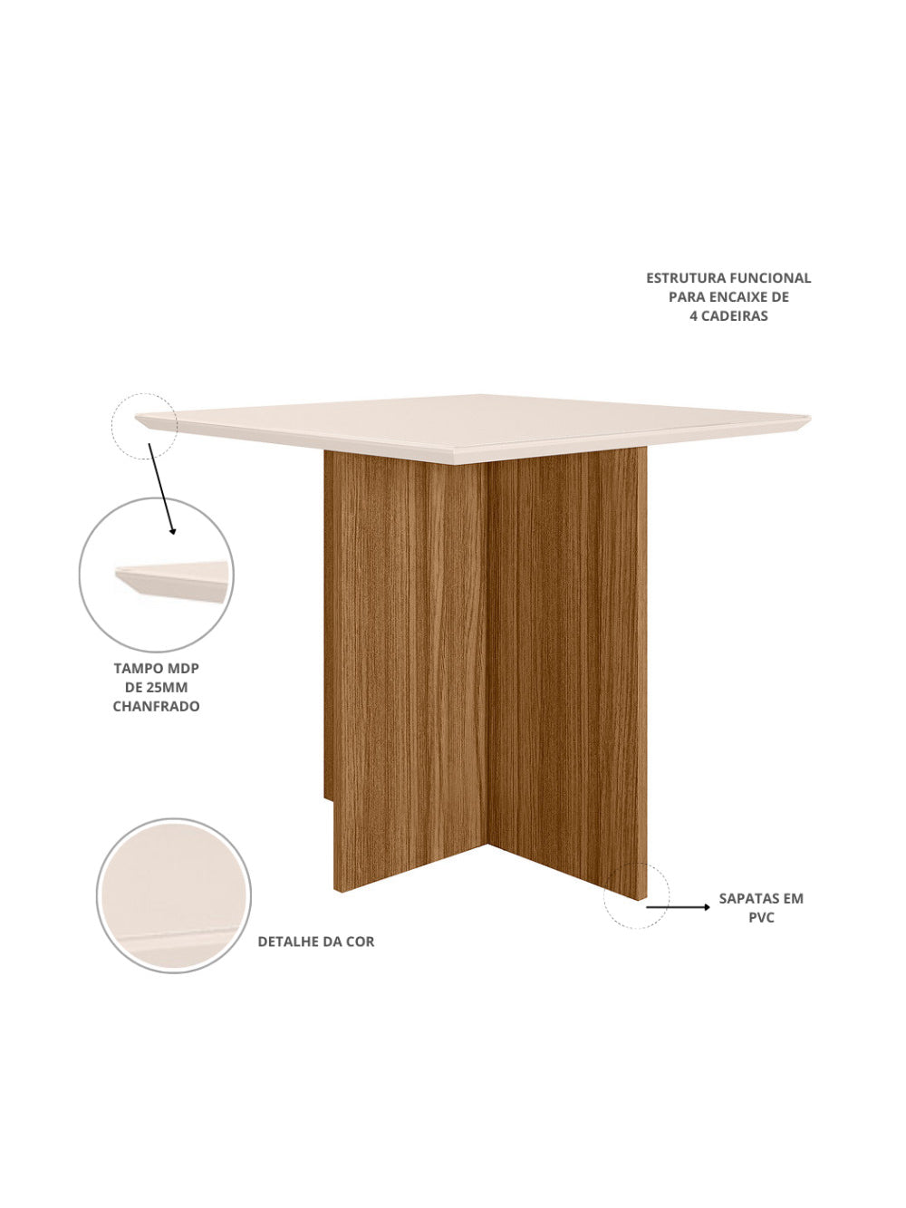 Sala de Jantar Helo 90x90 Com Vidro 4L Cadeiras Jade Poliman Móveis - Freijo UV com Off White