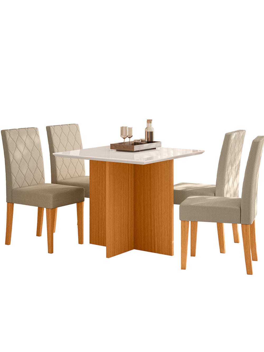 Sala de Jantar Helo 90x90 Com Vidro 4L Cadeiras Jade Poliman Móveis - Freijo UV com Off White