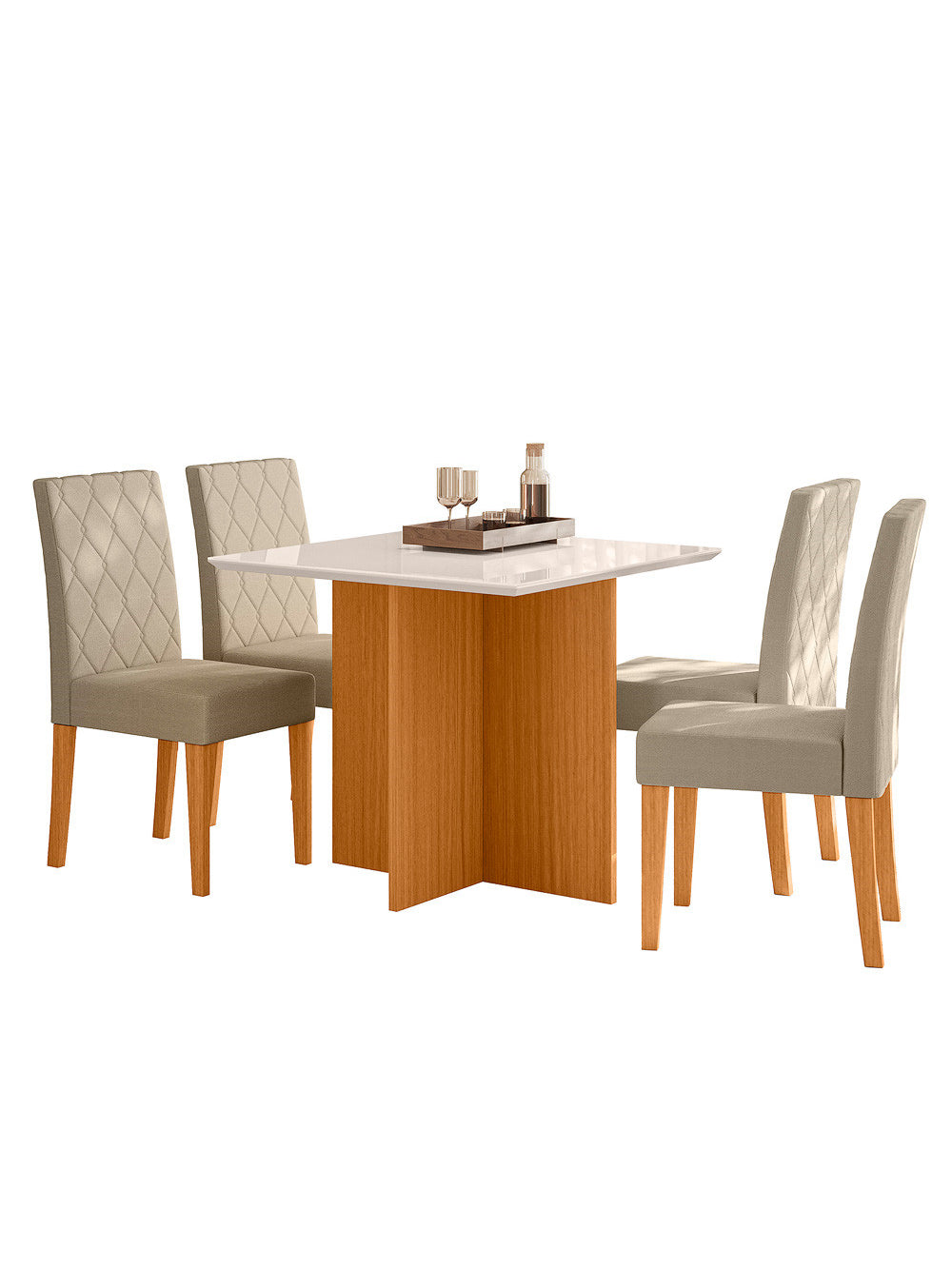 Sala de Jantar Helo 120x90 Com Vidro 4L Cadeiras Jade Poliman Móveis - Freijo UV com Off White