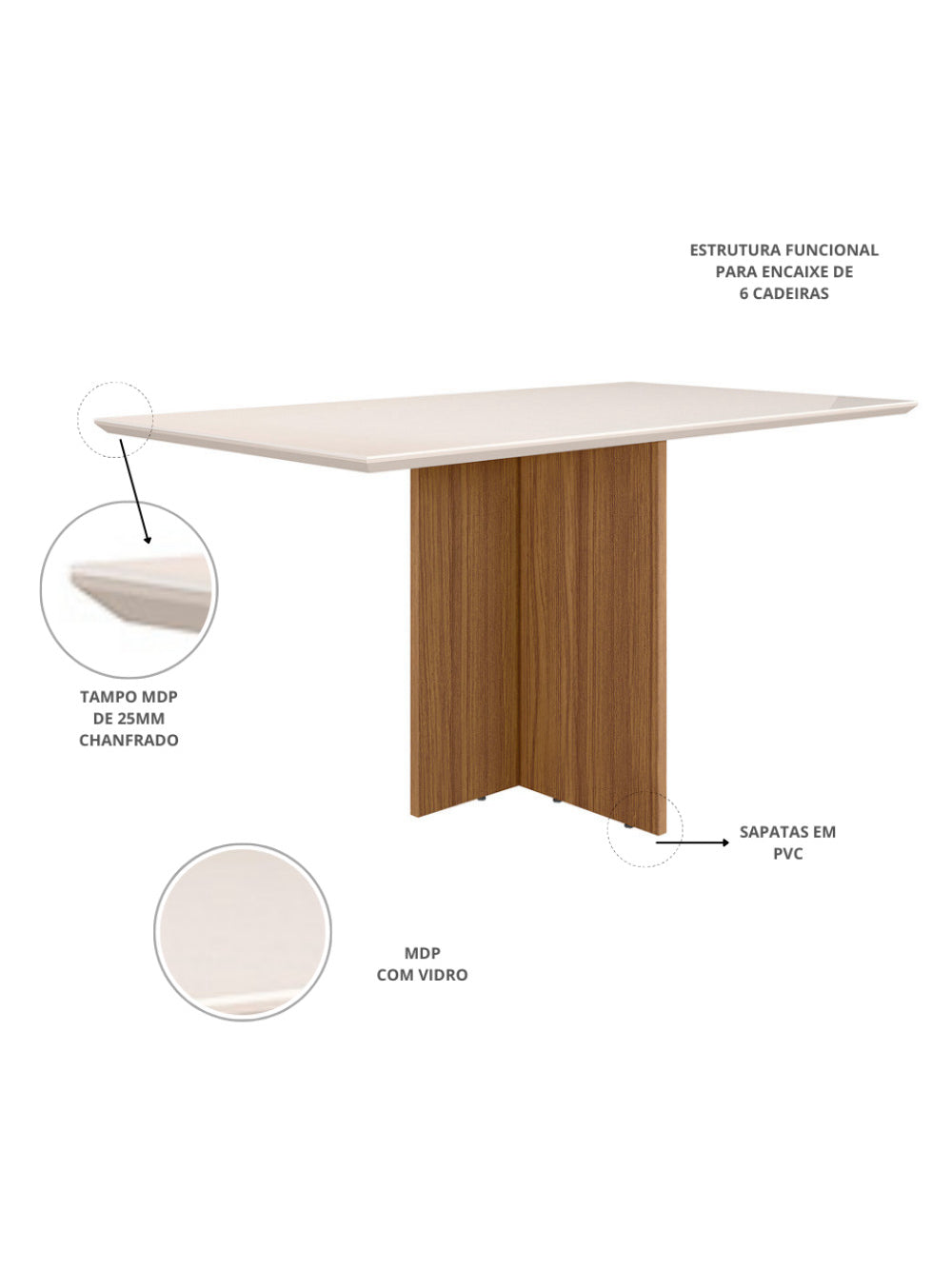 Sala de Jantar Helo 160 Tampo Chanf C/V 6L Cadeiras Jade Poliman Móveis - Freijo UV com Off White
