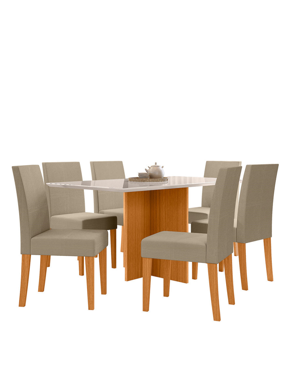Sala de Jantar Helo 160 Tampo Chanf C/V 6L Cadeiras Jade Poliman Móveis - Freijo UV com Off White