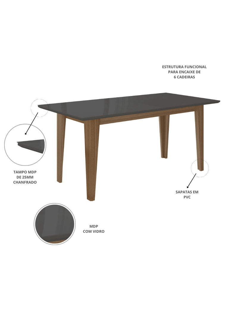 Sala de Jantar Liz 160x90 Com Vidro 6L Cadeiras Josi Poliman Móveis