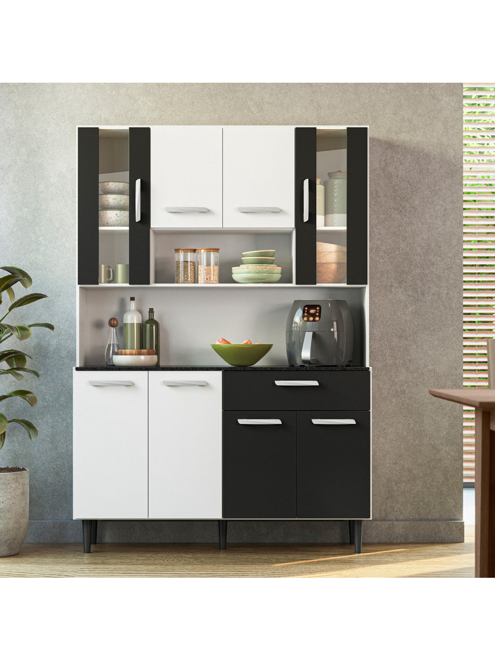 Kit Cozinha 8 Portas 1 Gaveta Gabi Poliman Móveis - Branco com Preto