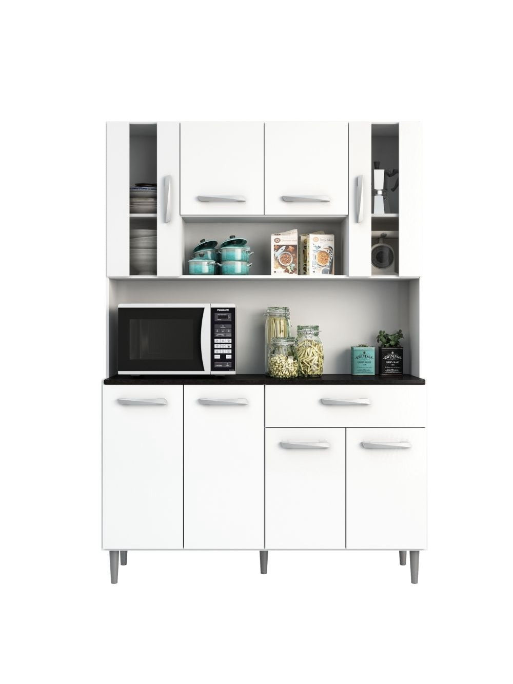 Kit Cozinha 8 Portas 1 Gaveta Gabi Poliman Móveis - Branco com Arena e Amêndoa