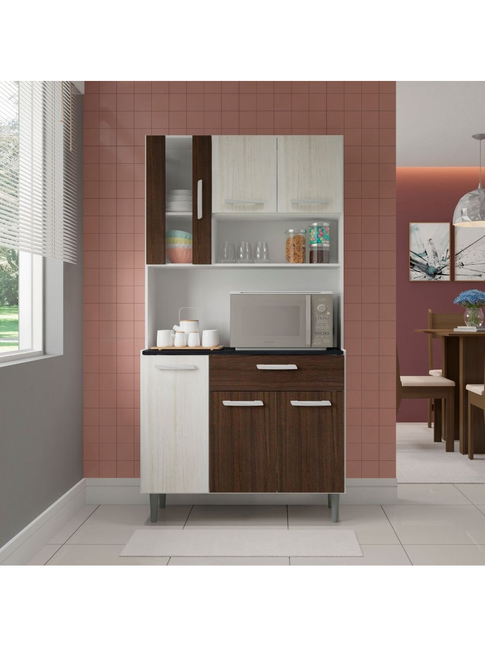 Kit Cozinha 6 Portas 1 Gaveta Carol Poliman Móveis - Branco com Arena e Amêndoa
