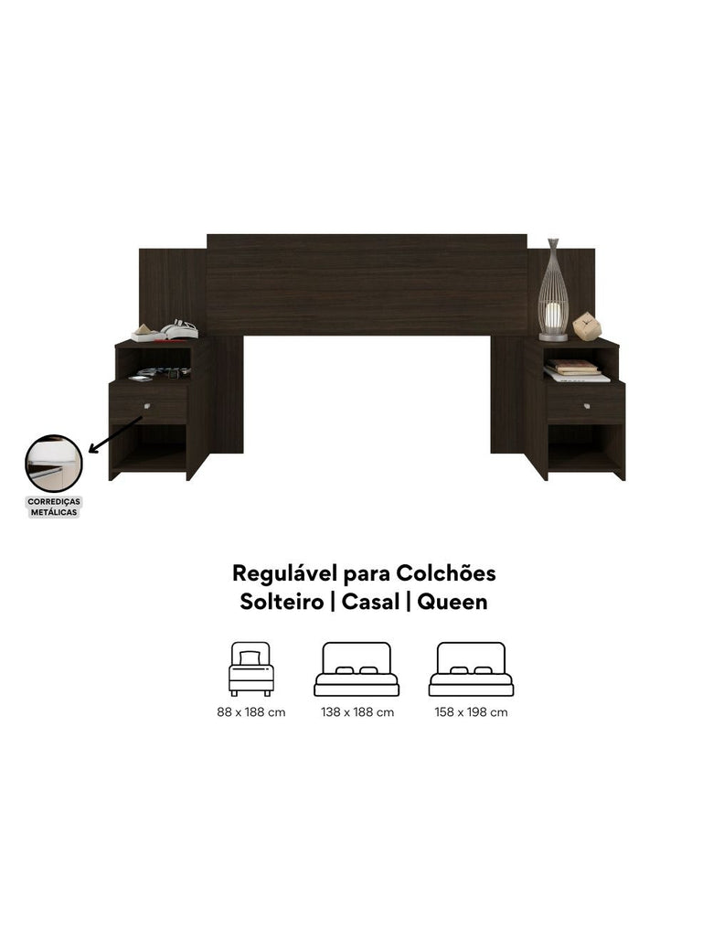 Cabeceira Extensível Cama Solteiro, Casal e Queen com Mesa de Cabeceira Maceió Poliman Móveis