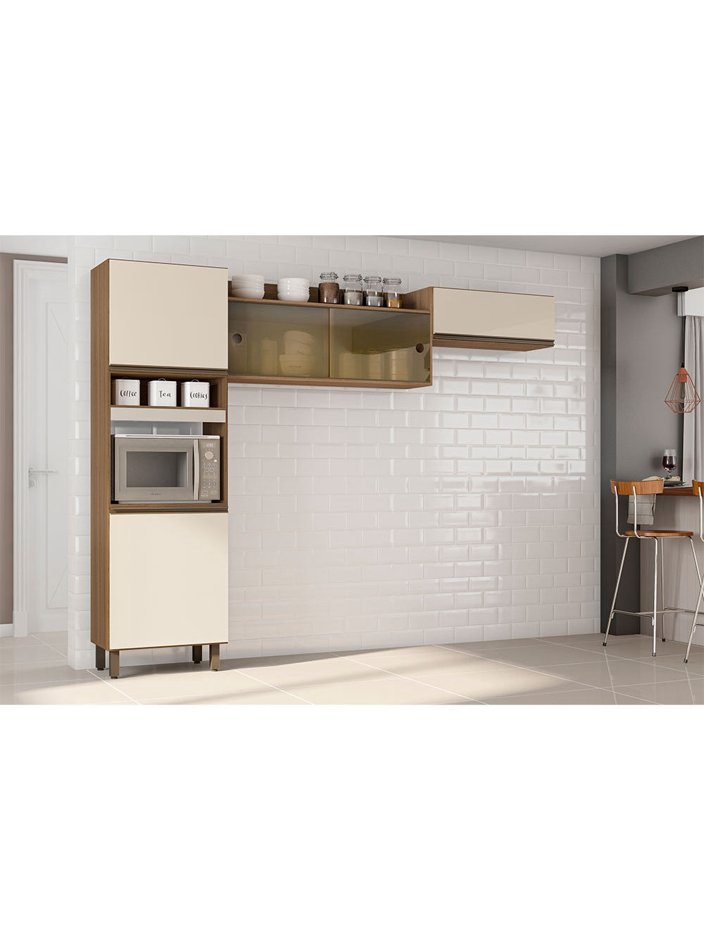 Cozinha Compacta Porto com Nicho Para Micro-ondas 5 portas Poliman Móveis - Carvalho com Off White