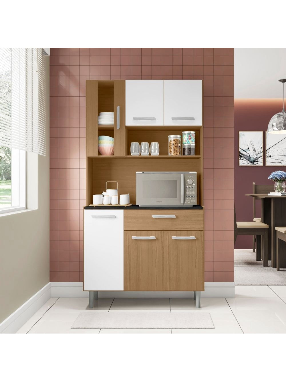 Kit Cozinha 6 Portas 1 Gaveta Carol Poliman Móveis - Carvalho com Branco
