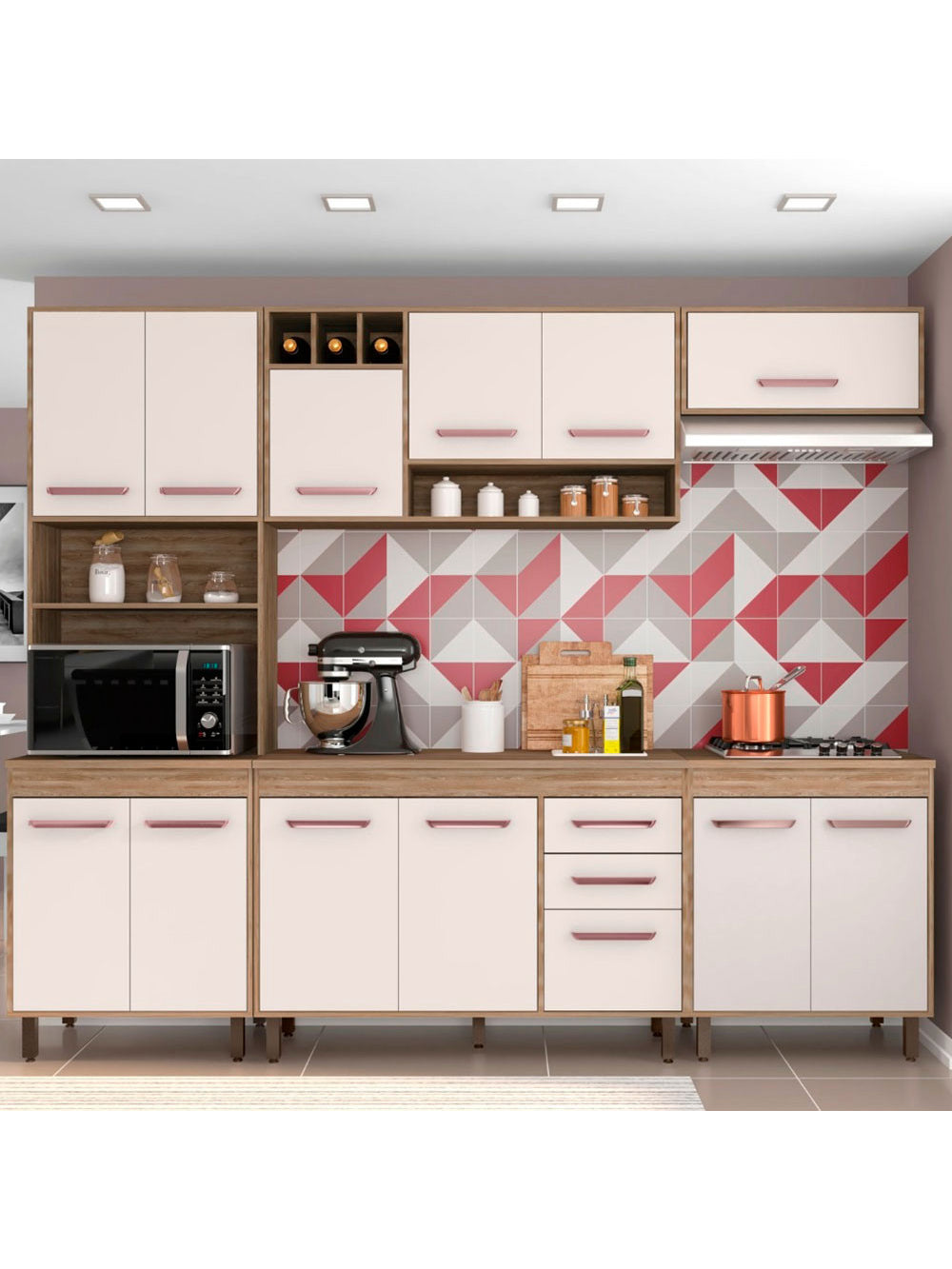 Cozinha Compacta 5 Peças, Balcão e Tampo Barcelona Poliman Móveis - Carvalho oak e Off White