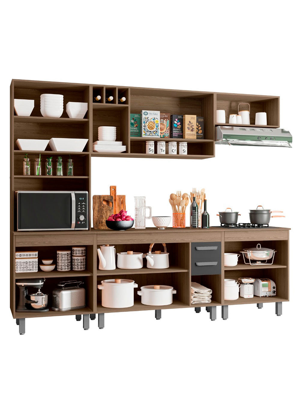 Cozinha Compacta 5 Peças, Balcão e Tampo Barcelona Poliman Móveis - Carvalho oak e Off White