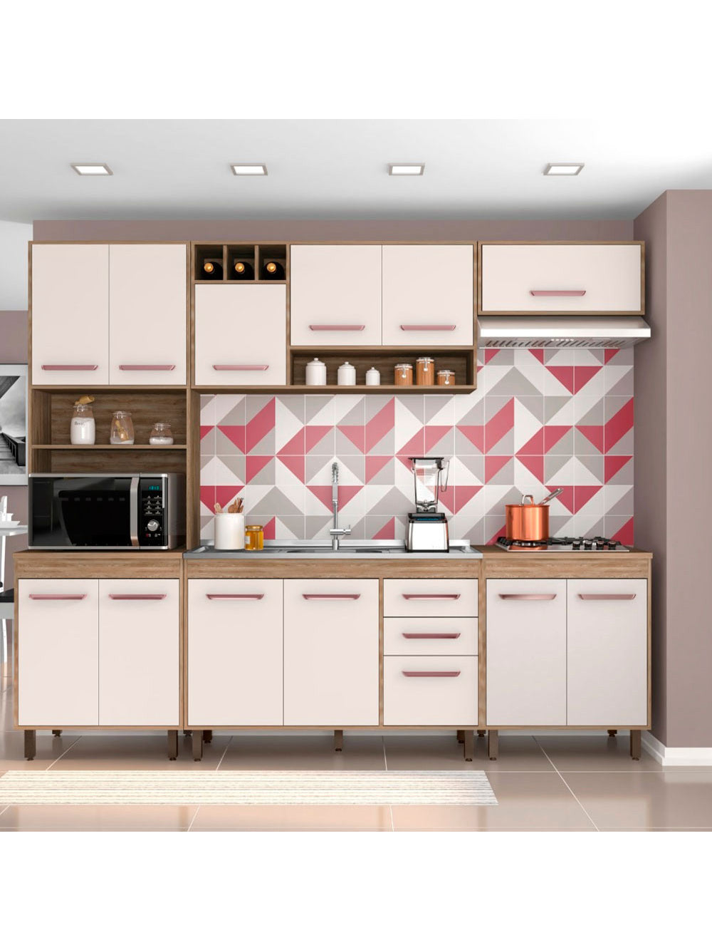Cozinha Compacta 5 Peças Balcão Pia/Cuba Barcelona Poliman Móveis - Carvalho oak e Off White