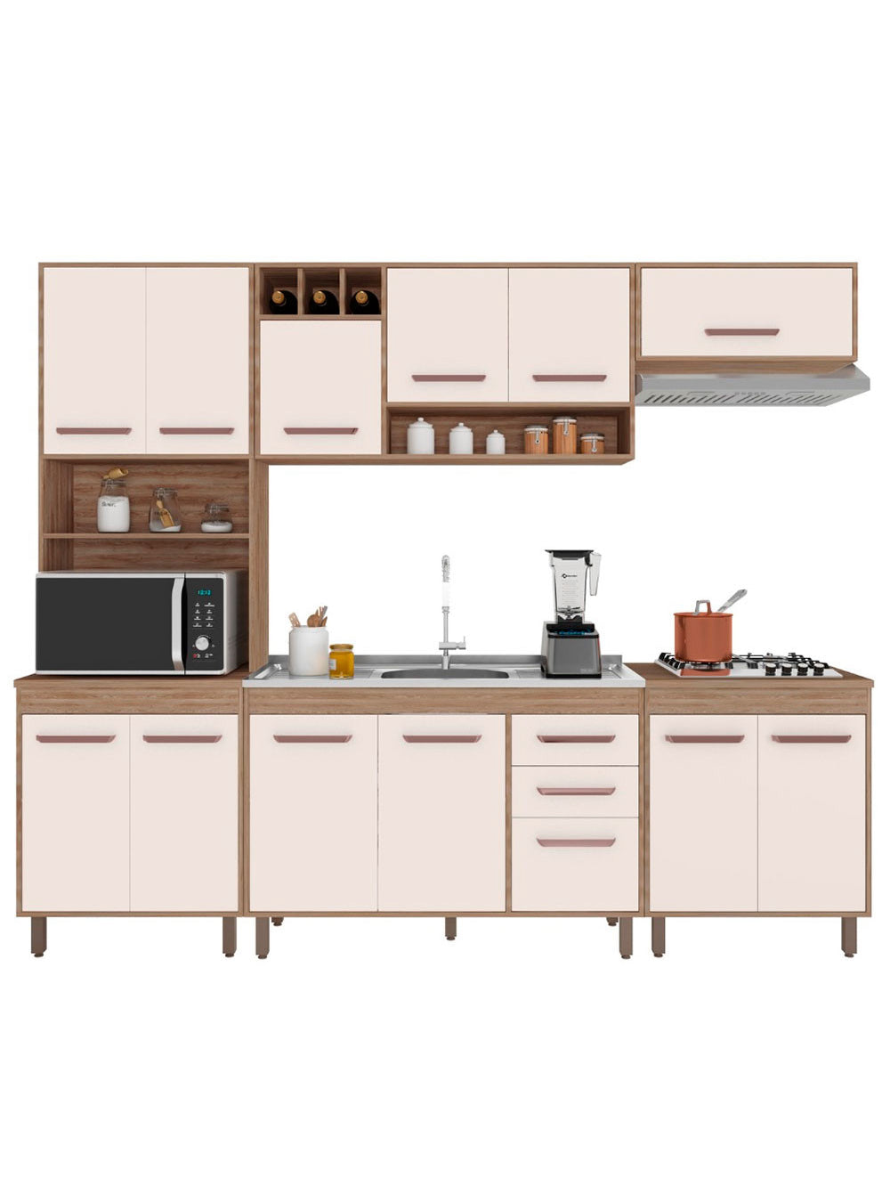 Cozinha Compacta 5 Peças Balcão Pia/Cuba Barcelona Poliman Móveis - Carvalho oak e Off White