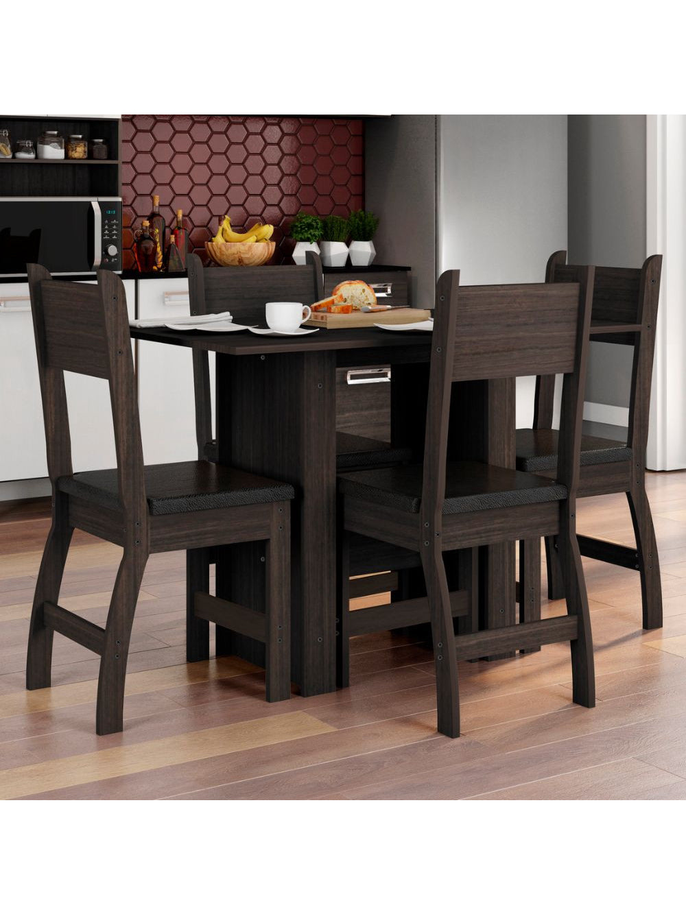Conjunto Mesa com 4 Cadeiras Milano Poliman Móveis - Amêndoa com Preto