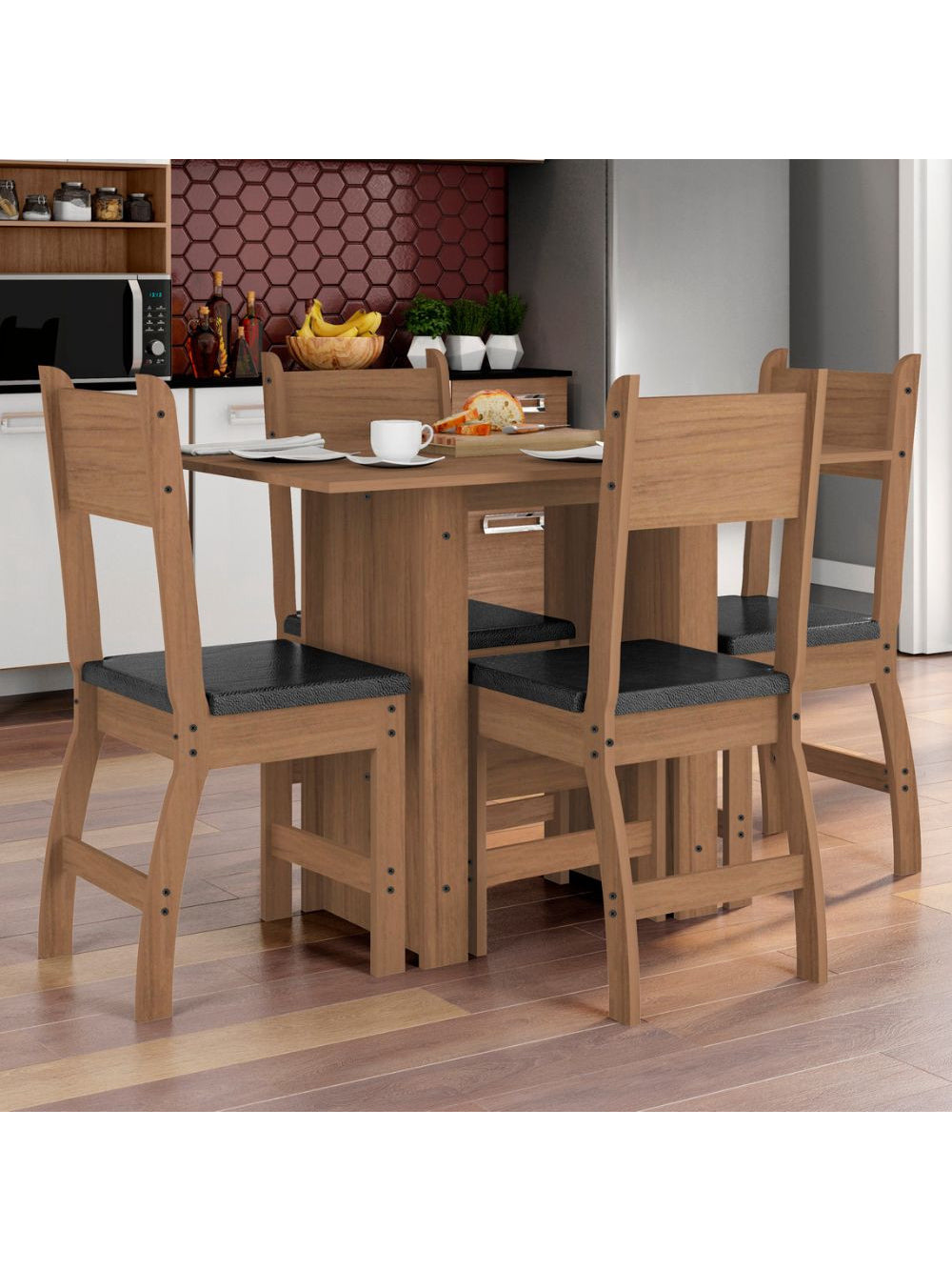 Conjunto Mesa com 4 Cadeiras Milano Poliman Móveis - Carvalho com Preto