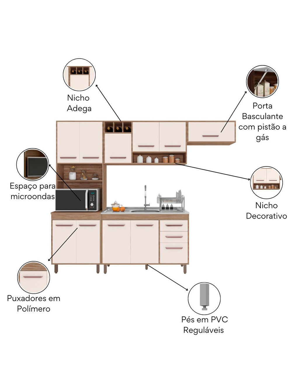 Cozinha Compacta Barcelona 11 Portas e Balcão de pia em MDP Poliman Móveis