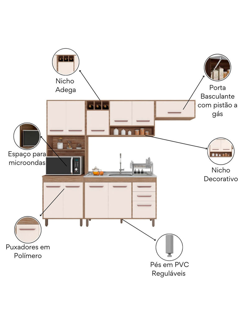Cozinha Compacta Barcelona 11 Portas e Balcão de pia em MDP Poliman Móveis