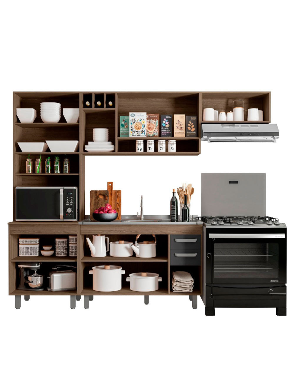 Cozinha Compacta Barcelona 11 Portas e Balcão de pia em MDP Poliman Móveis - Carvalho oak e Off White