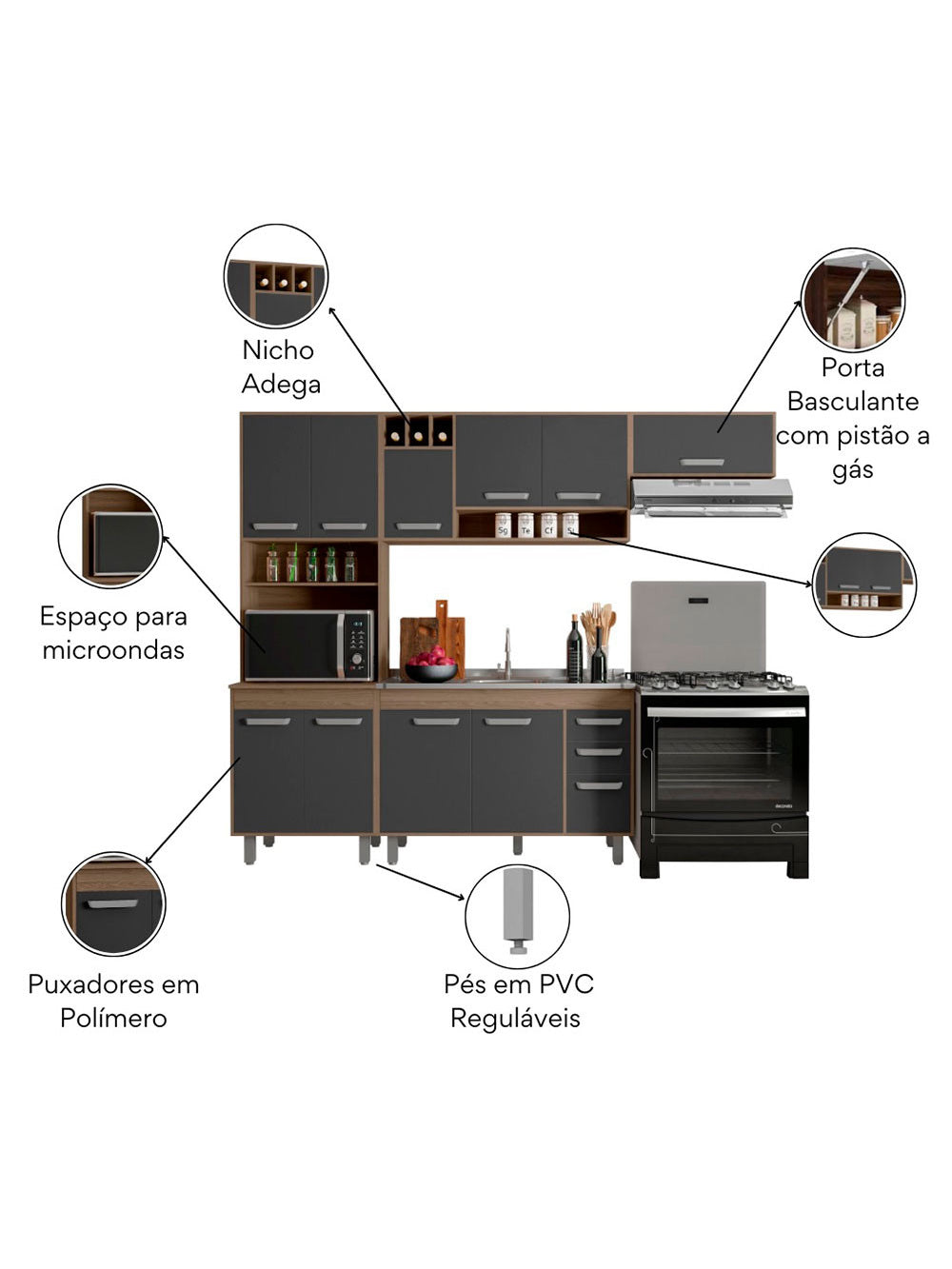 Cozinha Compacta Barcelona 11 Portas e Balcão de pia em MDP Poliman Móveis