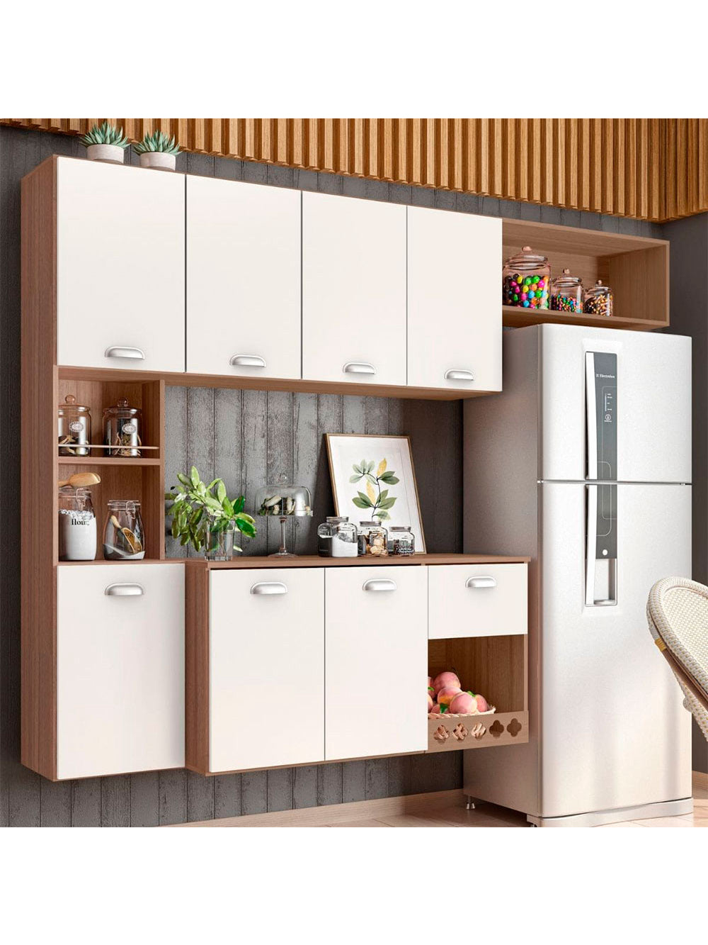 Cozinha Compacta Suspensa Mila 7 portas 1 Gaveta com Corrediças Telescópicas Poliman Móveis - Carvalho oak e Off White