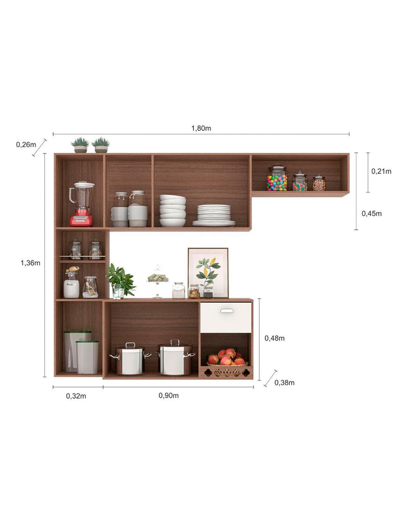 Cozinha Compacta Suspensa Mila 7 portas 1 Gaveta com Corrediças Telescópicas Poliman Móveis