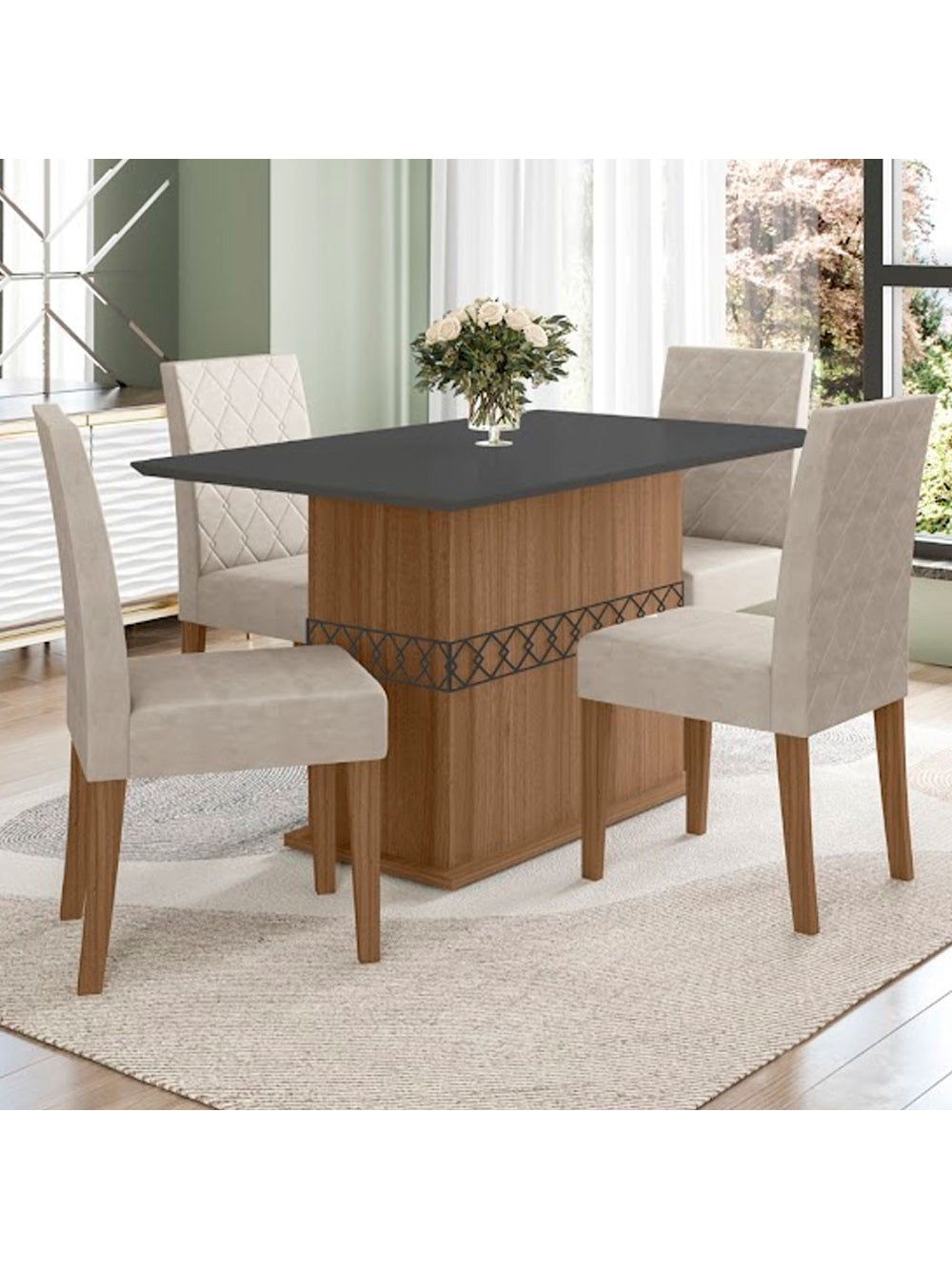 Conjunto Sala de Jantar Mesa com Tampo Chanfrado Agata 4 Cadeiras Estofadas Jade Poliman - Carvalho com Grafite