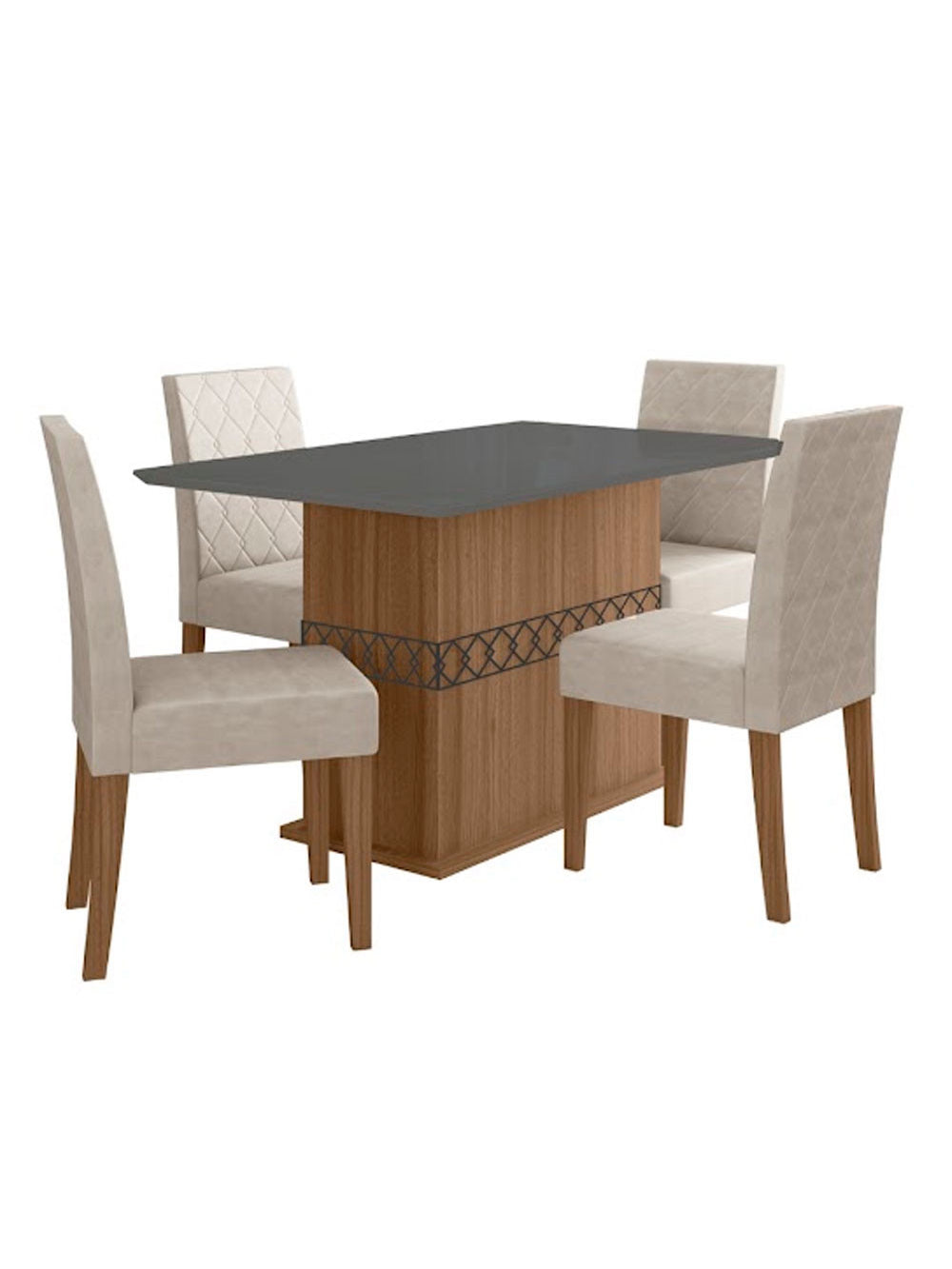 Conjunto Sala de Jantar Mesa com Tampo Chanfrado Agata 4 Cadeiras Estofadas Jade Poliman - Carvalho com Grafite