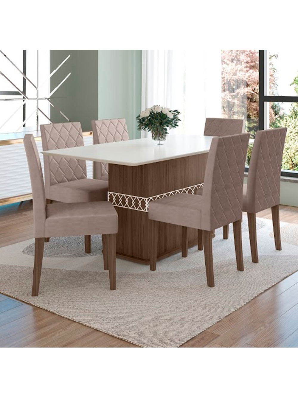 Conjunto Sala de Jantar Mesa com Tampo Chanfrado Agata 6 Cadeiras Estofadas Jade Poliman - Amêndoa com Off White