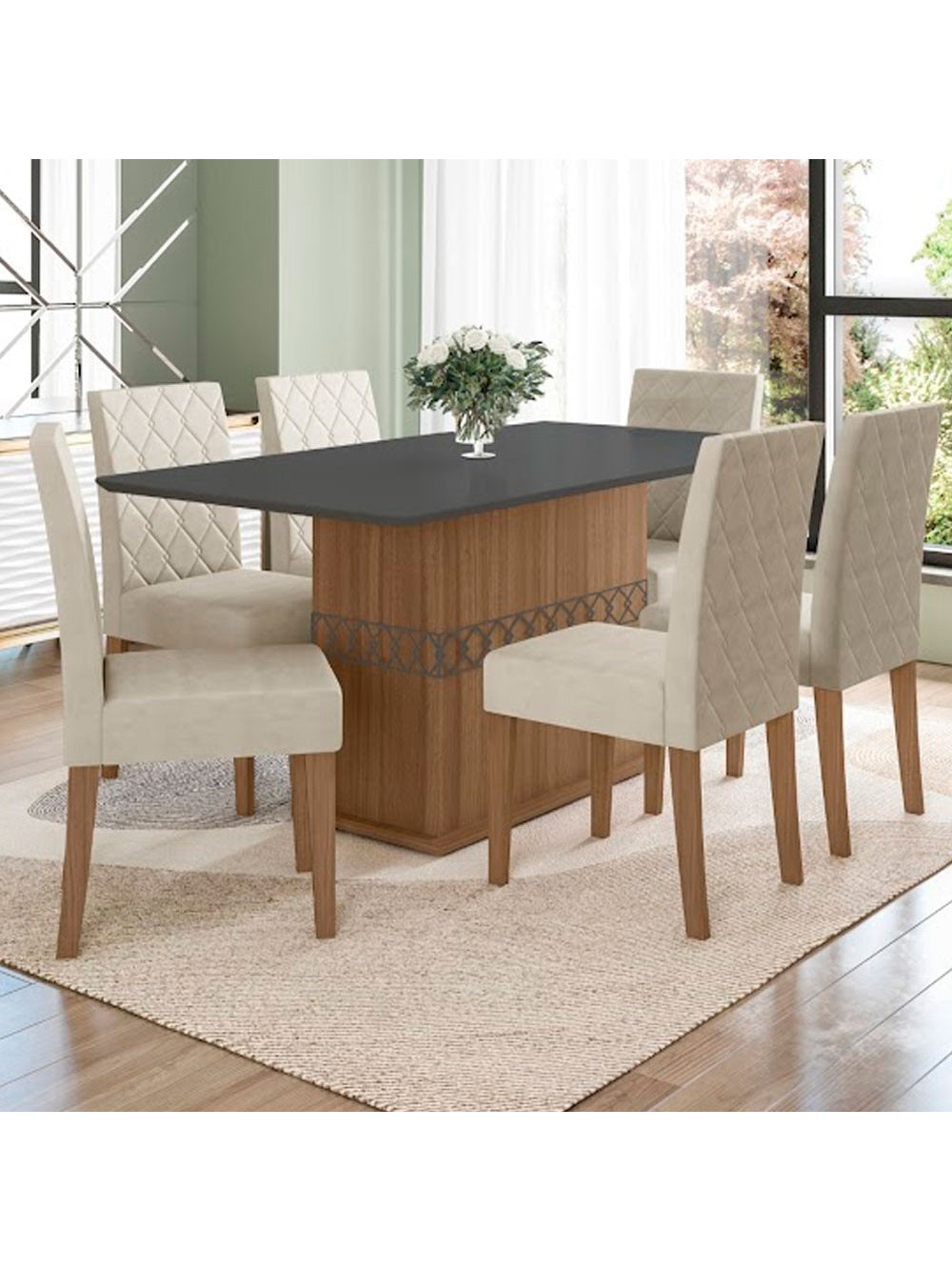 Conjunto Sala de Jantar Mesa com Tampo Chanfrado Agata 6 Cadeiras Estofadas Jade Poliman - Carvalho com Grafite