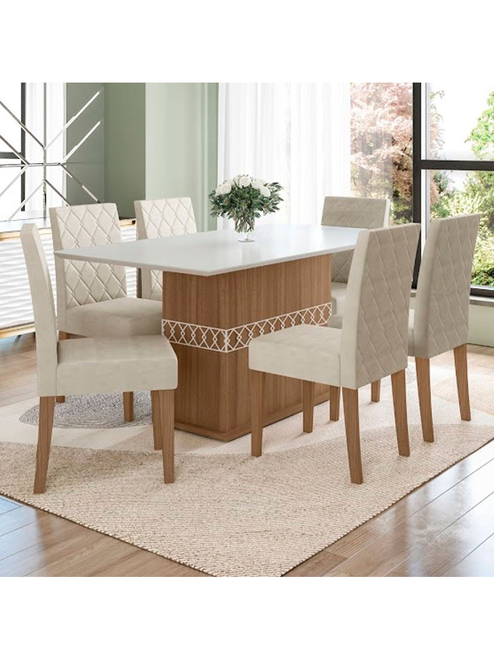 Conjunto Sala de Jantar Mesa com Tampo Chanfrado Agata 6 Cadeiras Estofadas Jade Poliman - Carvalho com Off White