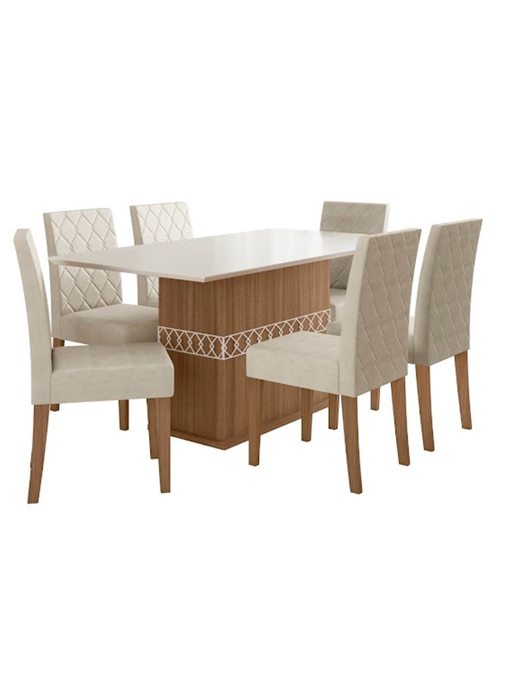 Conjunto Sala de Jantar Mesa com Tampo Chanfrado Agata 6 Cadeiras Estofadas Jade Poliman - Amêndoa com Off White