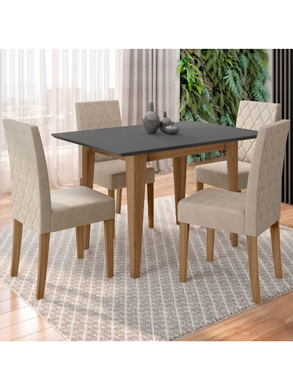 Conjunto Sala de Jantar Mesa com Tampo Chanfrado Kate 4 Cadeiras Estofadas Jade Poliman - Carvalho com Grafite