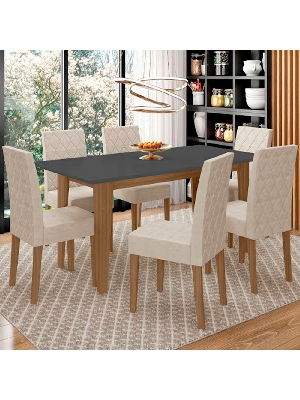Conjunto Sala de Jantar Mesa com Tampo Chanfrado Liz 6 Cadeiras Estofadas Jade Poliman - Carvalho e Grafite