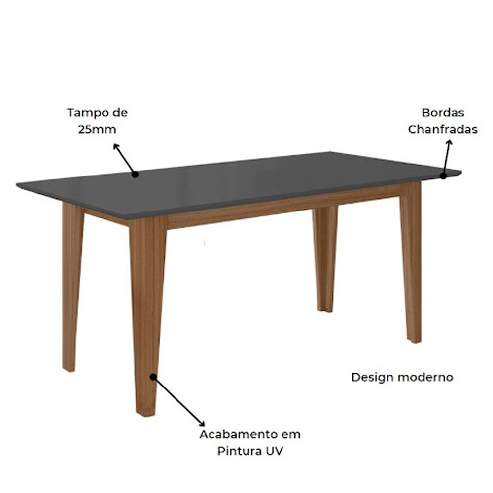 Conjunto Sala de Jantar Mesa com Tampo Chanfrado Liz 6 Cadeiras Estofadas Jade Poliman - Carvalho com Off White