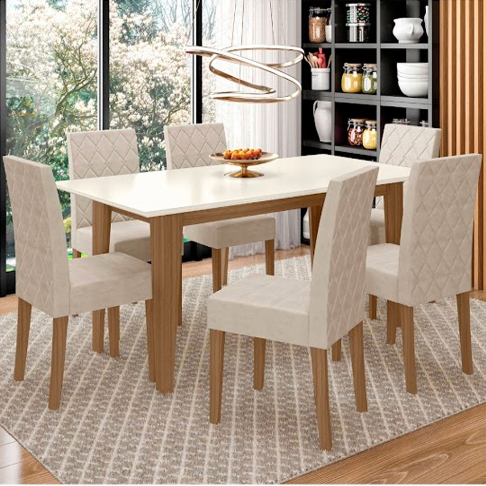 Conjunto Sala de Jantar Mesa com Tampo Chanfrado Liz 6 Cadeiras Estofadas Jade Poliman - Carvalho com Off White