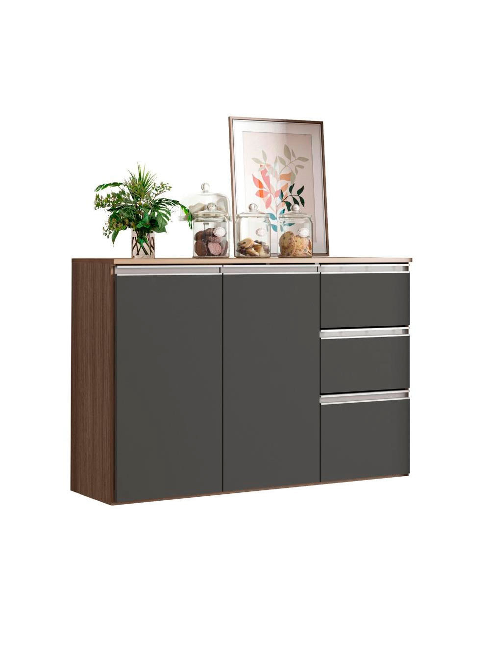Balcão com Tampo 90cm 3 Portas 2 Gavetas Laura Poliman Móveis - Branco com Preto
