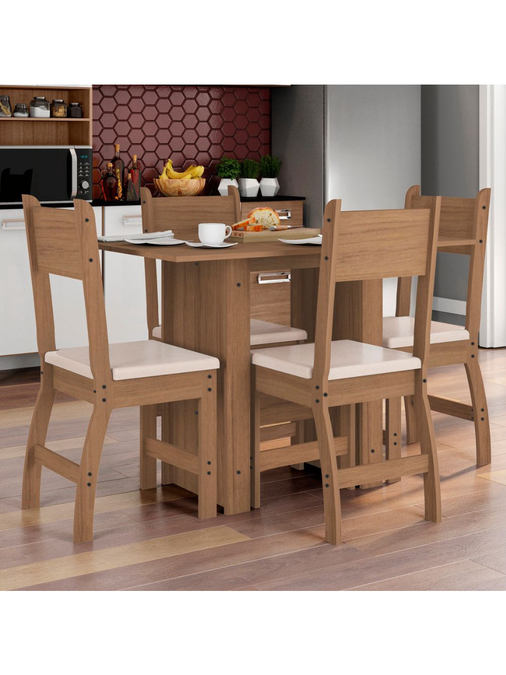 Conjunto Mesa de Jantar 4 Lugares Milano - Carvalho com Savana