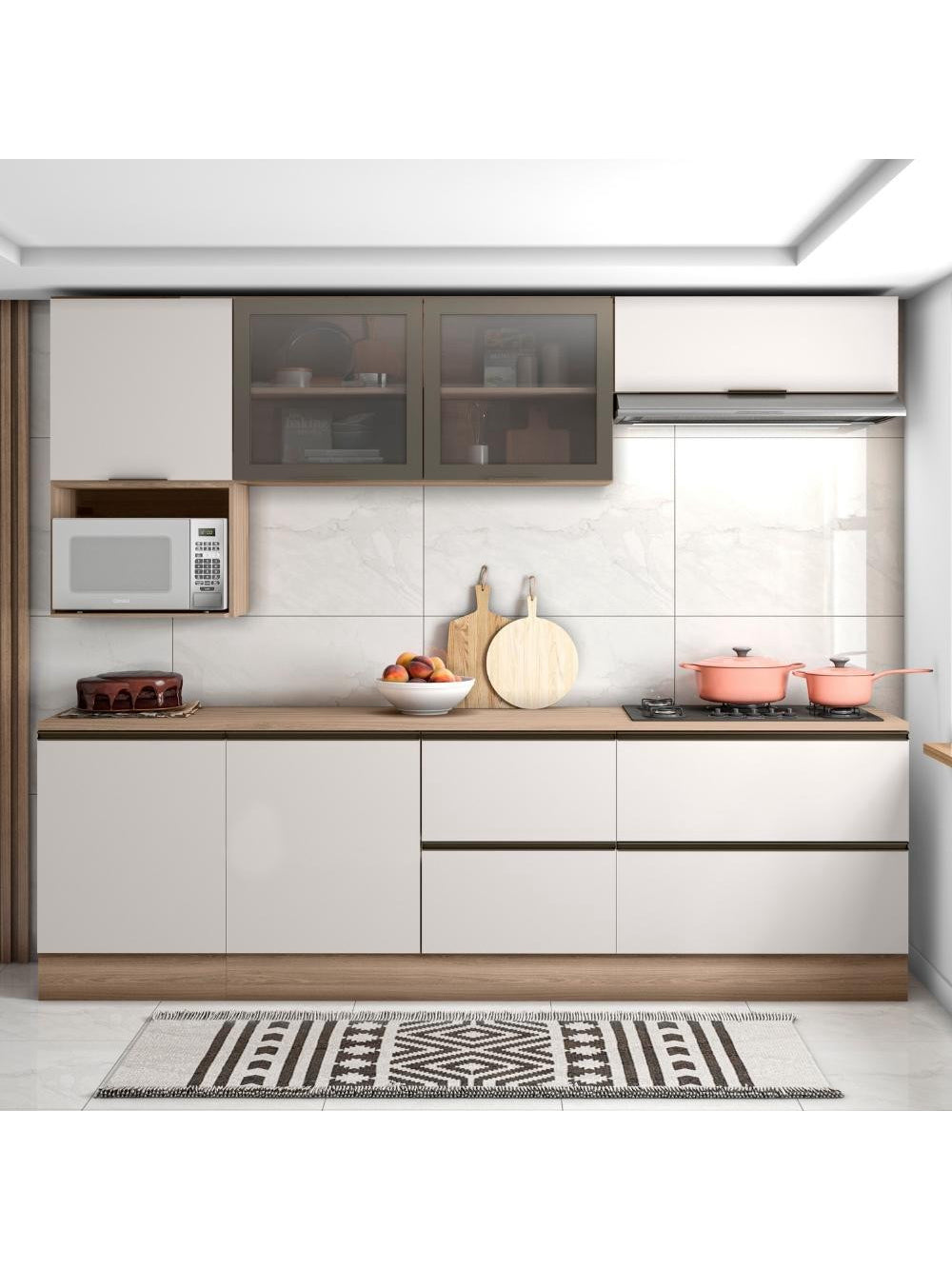 Cozinha Completa Etna 7 peças Balcão Cooktop Poliman Móveis - Carvalho oak e Off White