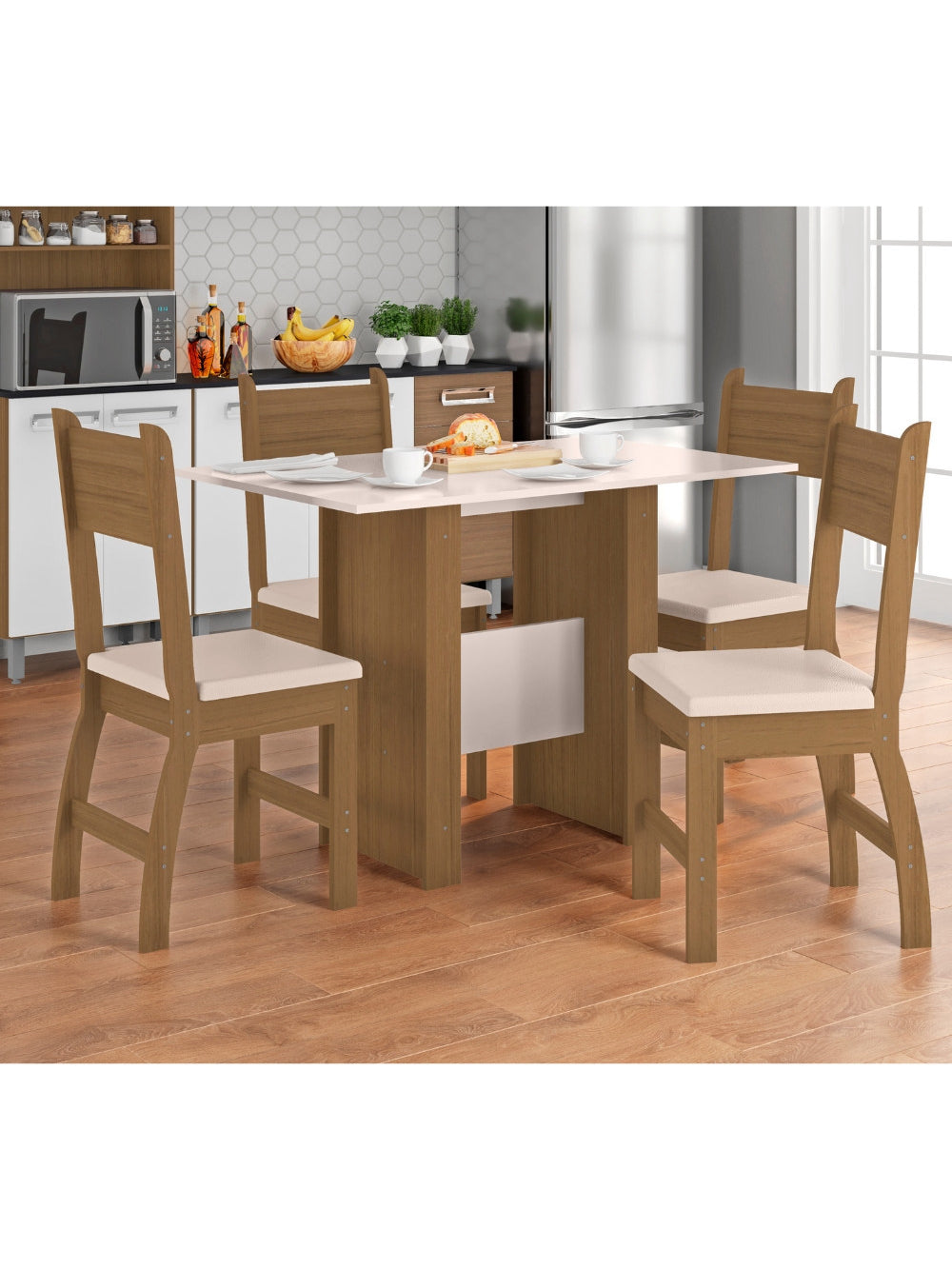Conjunto Mesa de Jantar 4 Lugares Milano - Carvalho com Off White