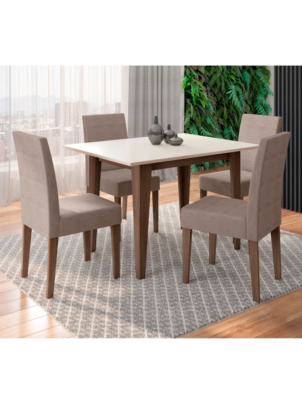 Conjunto Sala de Jantar Retangular Mesa Kate 120cm e 04 Cadeiras Josi Poliman Móveis - Amêndoa com Off White